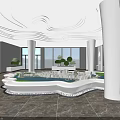 Modern Sales Office With Curved Ceiling Light Strips Large Building Model Green Plants Display Screens