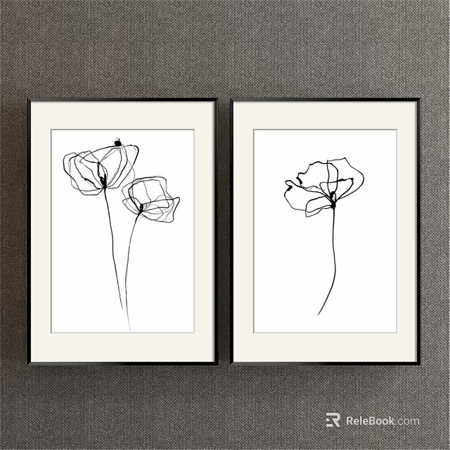 Minimalist Black Line Plant Paintings Framed With White Background Hanging On Gray Wall 3d model 