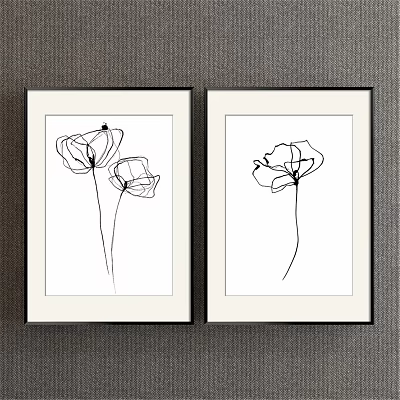 Minimalist Black Line Plant Paintings Framed With White Background Hanging On Gray Wall 3d model