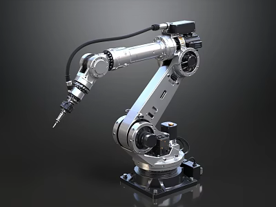 Silver Industrial Robot Arm With Black Cables And Rotating Joints For Automation 3d model