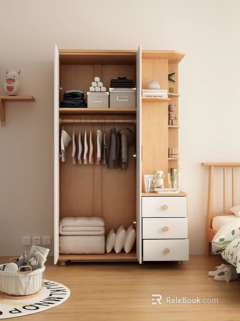 Open Wardrobe Door With Hanging Clothes Folded Items And Storage Boxes Near Bedside Table 3d model 