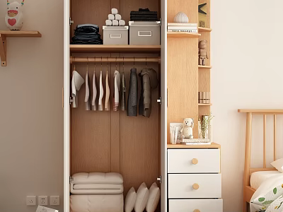 Open Wardrobe Door With Hanging Clothes Folded Items And Storage Boxes Near Bedside Table 3d model