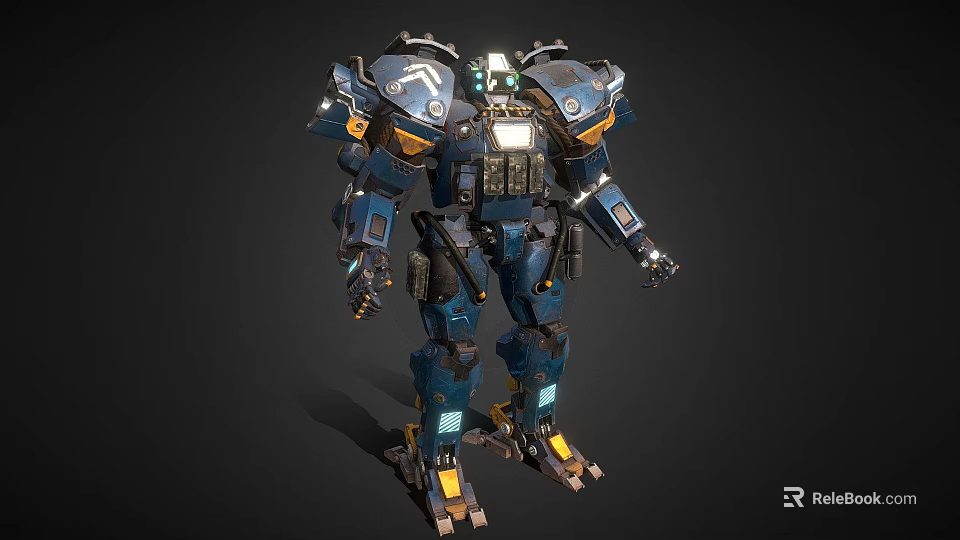 Blue and Orange Detailed Mech Suit With Metallic Texture And Illuminated Mechanical Parts 3d model 
