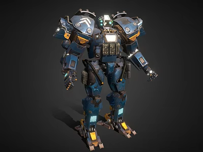 Blue and Orange Detailed Mech Suit With Metallic Texture And Illuminated Mechanical Parts 3d model