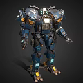 Blue and Orange Detailed Mech Suit With Metallic Texture And Illuminated Mechanical Parts