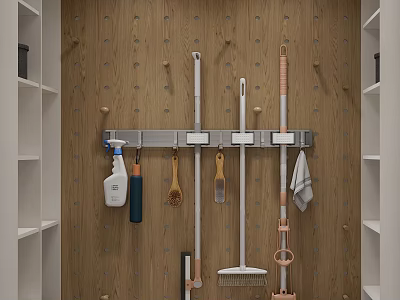 Organized Cleaning Tools Storage On Wooden Wall With Hanging Rack And Shelves 3d model