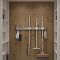 Organized Cleaning Tools Storage On Wooden Wall With Hanging Rack And Shelves
