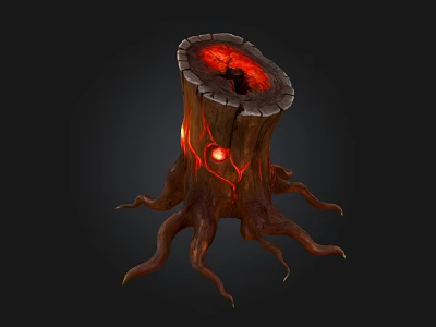 Wooden Stone Tree Stump Featuring Red Glowing Interior And Intricate Roots 3d model