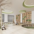 Spacious Kindergarten Reading Space With Tree Shaped Decoration Panda Doll And Circular Green Ceiling 3d model