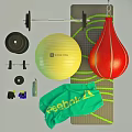 Essential Fitness Equipment Including Fitness Ball Red Punching Bag Barbell Dumbbells And Yoga Mat