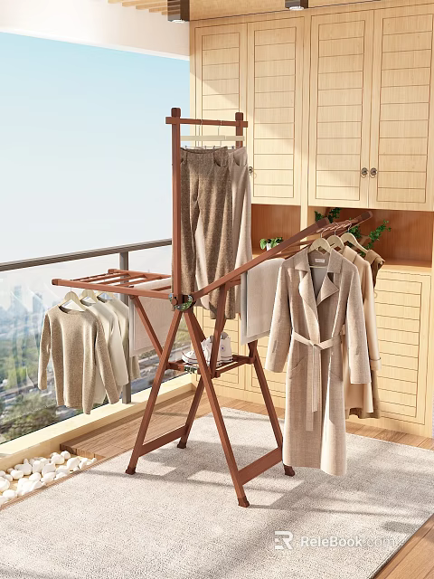 Wooden Standing Clothes Hanger with Coats Shirts and Pants in Indoor Balcony Space 3d model 