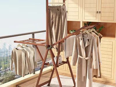 Wooden Standing Clothes Hanger with Coats Shirts and Pants in Indoor Balcony Space 3d model