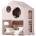 House Shaped White Bunk Bed With Round Windows Ladder And Upholstered Bed 3d model