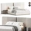 Modern Double Bed With Striped Headboard Light Colored Bedding And Wooden Nightstand