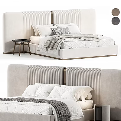 Modern Double Bed With Striped Headboard Light Colored Bedding And Wooden Nightstand 3d model