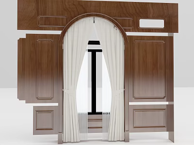 White Curtains Hanging In Modern Interior With Wooden Cabinetry And Arch Frame 3d model