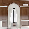 White Curtains Hanging In Modern Interior With Wooden Cabinetry And Arch Frame
