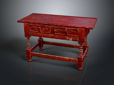 Traditional Red Dining Table Featuring Intricate Carved Details And Sturdy Wooden Legs 3d model