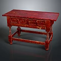 Traditional Red Dining Table Featuring Intricate Carved Details And Sturdy Wooden Legs