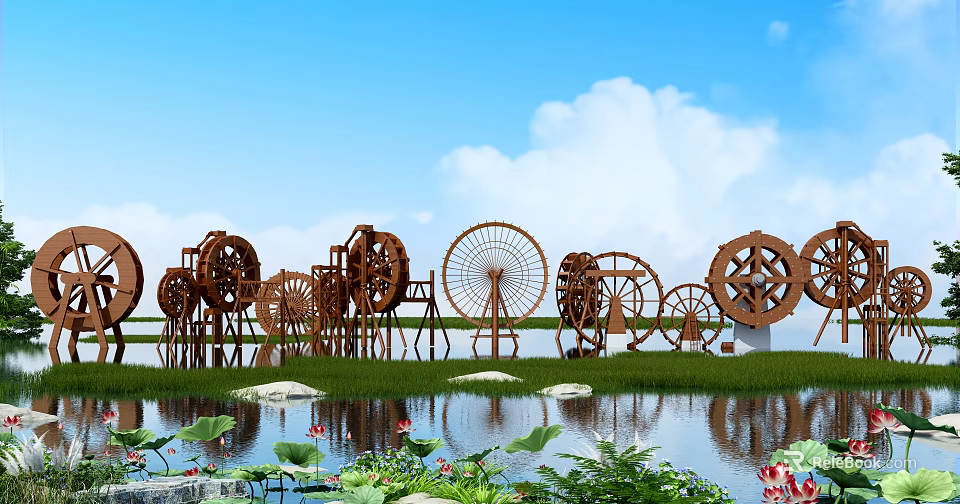 Wooden Water Wheels Garden Ornaments With Various Sizes On Water Surface And Lotus Plants 3d model 