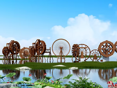 Wooden Water Wheels Garden Ornaments With Various Sizes On Water Surface And Lotus Plants 3d model