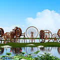 Wooden Water Wheels Garden Ornaments With Various Sizes On Water Surface And Lotus Plants