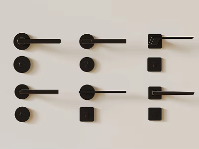 Black Door Handles With Various Designs Arranged On Light Background 3d model