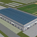 Industrial Factory Building With Modern Steel Structure Large Windows Roll-up Doors And Green Lawn