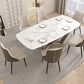 Modern White Dining Table Set With Six Beige Chairs Black Legs And Tableware On Rug