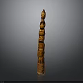 Traditional Wooden Totem Pole With Stacked Carved Figures And Natural Wood Finish