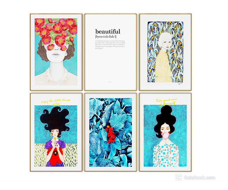 Diverse Stylish Portrait Paintings With Floral Curly Hair And Text Elements For Wall Decor 3d model 