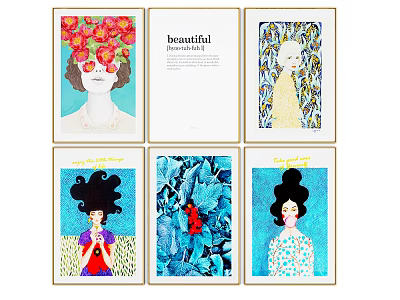 Diverse Stylish Portrait Paintings With Floral Curly Hair And Text Elements For Wall Decor 3d model