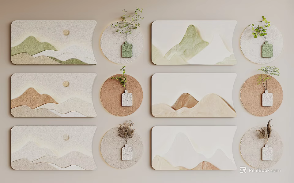Wall Decor With Landscape Patterns On Circular Rectangular Panels And Plants 3d model