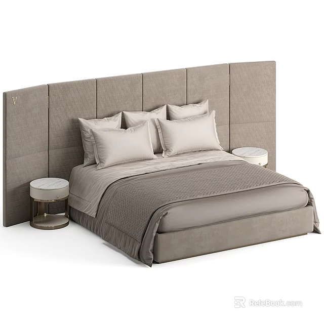 Modern Double Bed With Upholstered Gray Headboard Soft Bedding And Round Nightstands 3d model