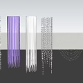 Creative Art Installation With Purple Hanging Beaded Strands Silver Cylindrical Structures And Illuminated Light Effects