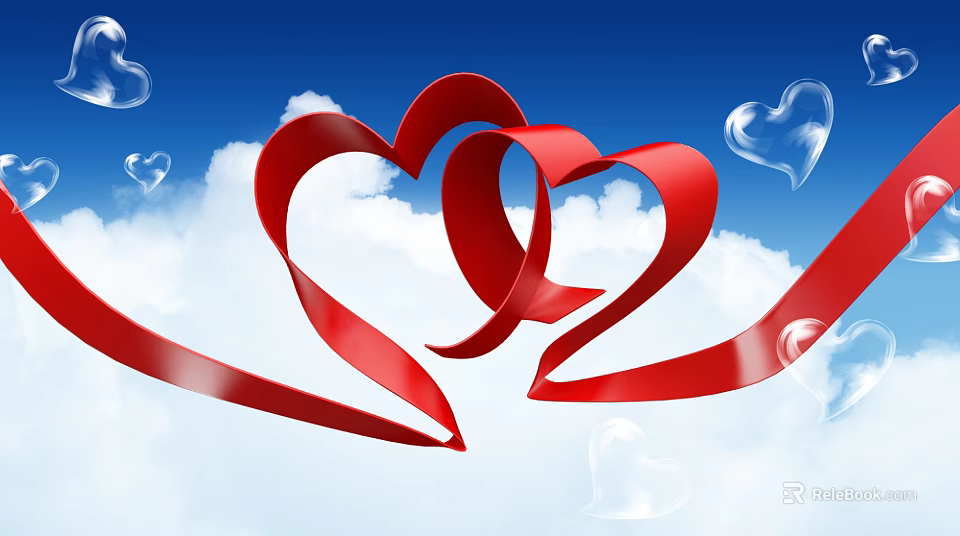 Romantic Ornament Decoration Set with Red Heart Ribbons Transparent Hearts and Blue Sky White Clouds 3d model 