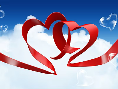 Romantic Ornament Decoration Set with Red Heart Ribbons Transparent Hearts and Blue Sky White Clouds 3d model