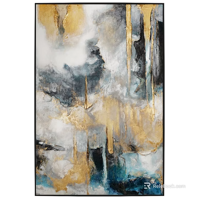 Modern Abstract Painting With Dripping Gold Blue Gray White Textures And Brush Strokes 3d model 