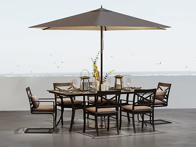 Outdoor Table with Umbrella and Chairs Featuring Sea View and Decorative Centerpiece 3d model