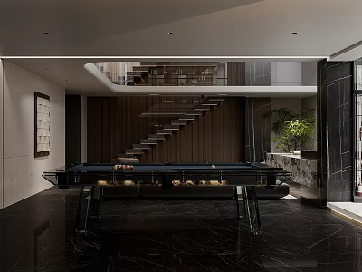 Modern Entertainment Room With Black Pool Table Dark Marble Flooring And Staircase 3d model