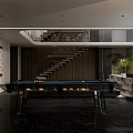 Modern Entertainment Room With Black Pool Table Dark Marble Flooring And Staircase