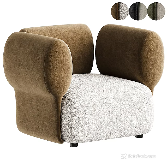 Modern Single Sofa With Brown Curved Armrests And White Fluffy Seat 3d model 
