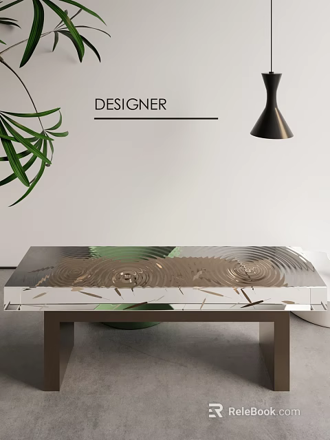 Sleek Modern Designer Stool With Wave Pattern And Green Plant Under Black Pendant Light 3d model