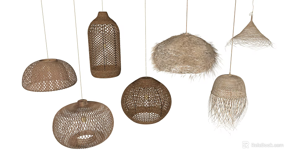 Woven Pendant Lights With Natural Materials Various Shapes And Handmade Design 3d model 