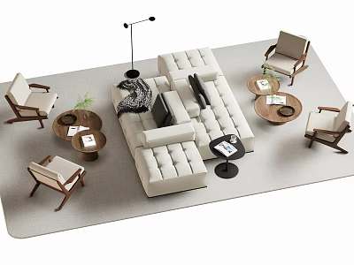 Modern Living Room Sofa Coffee Table Set With White Sofa Wooden Round Tables And Chairs 3d model