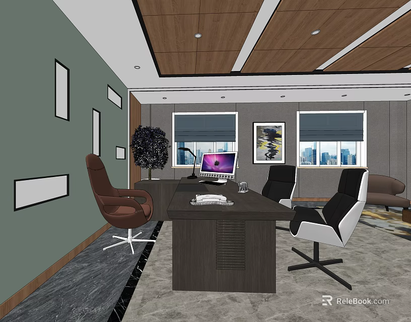 Modern Office Space With Large Wooden Desk Computer Brown White Chairs Wall Art And Windows 3d model 