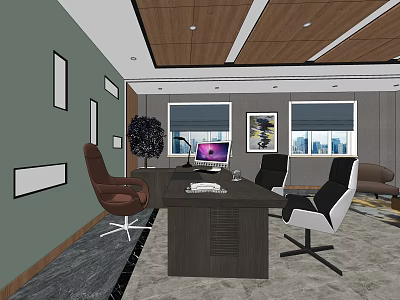 Modern Office Space With Large Wooden Desk Computer Brown White Chairs Wall Art And Windows 3d model