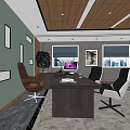Modern Office Space With Large Wooden Desk Computer Brown White Chairs Wall Art And Windows