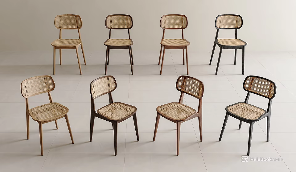Modern Rattan Back Dining Chairs With Wooden Legs And Various Tones On White Floor 3d model 