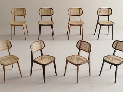 Modern Rattan Back Dining Chairs With Wooden Legs And Various Tones On White Floor 3d model